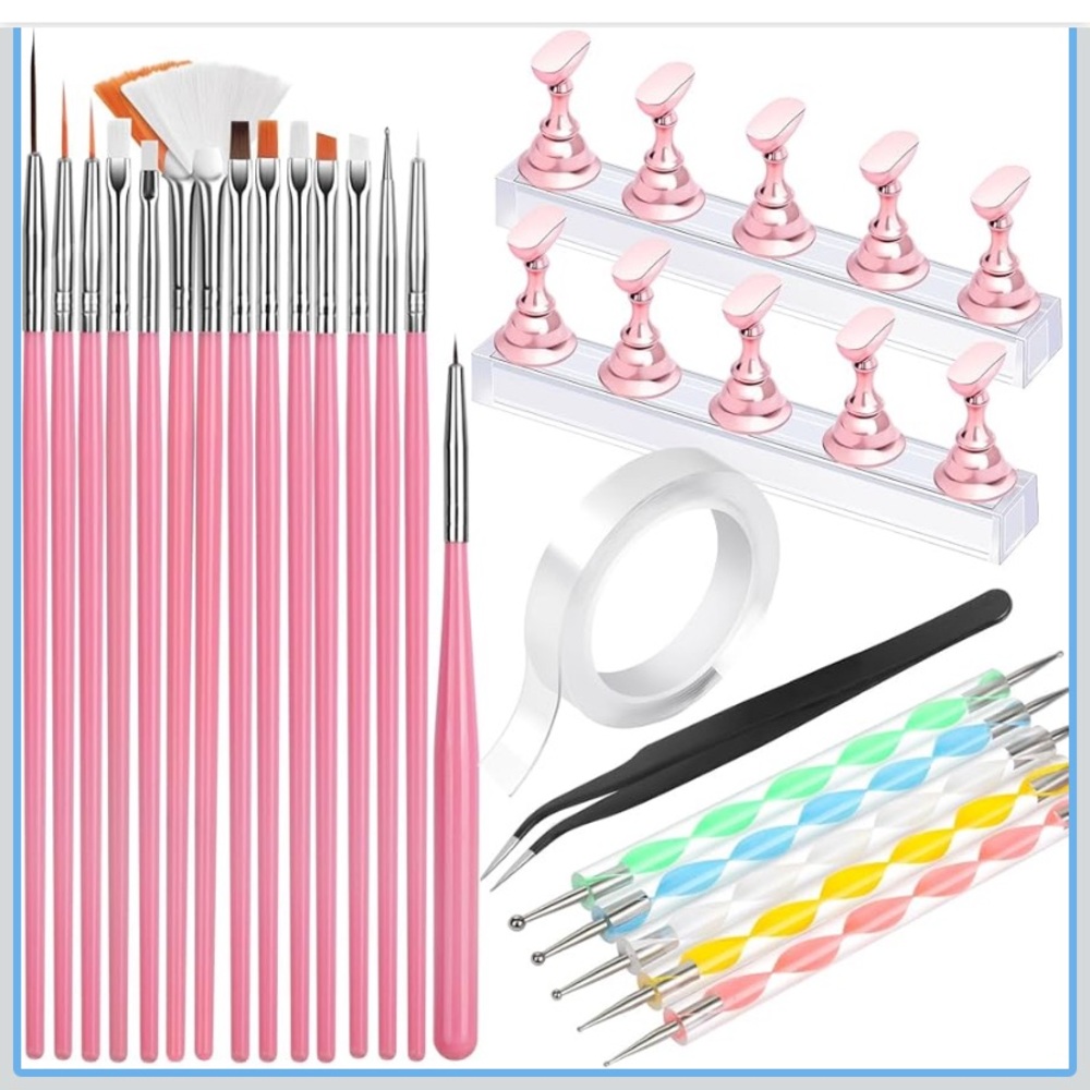 Pink Nail Art Brush Set with Dotting Tools nail stand 15 pcs manicure
